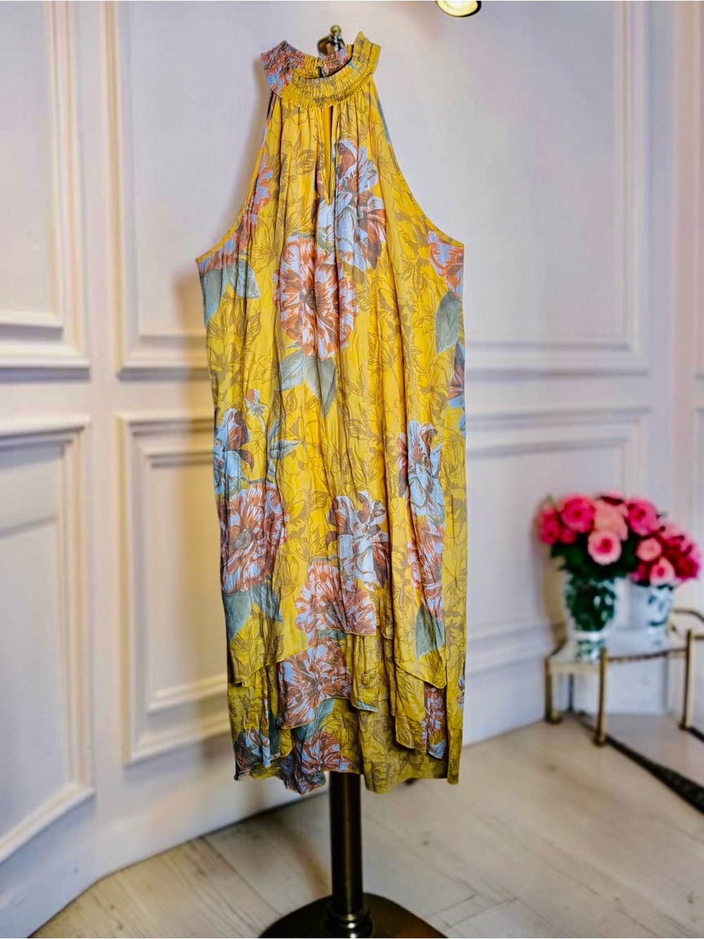 Dress 2X Yellow Floral Halter Midi Dress Mlle Gabrielle